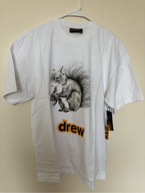 NWT drew house White Tee with Grey Squirrel Graphic and Yellow Logo